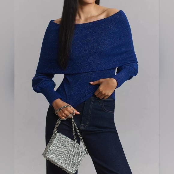 By Anthropologie Sensual Off-the-Shoulder Sparkly Sweater, Navy Royal Blue, S - Picture 1 of 10